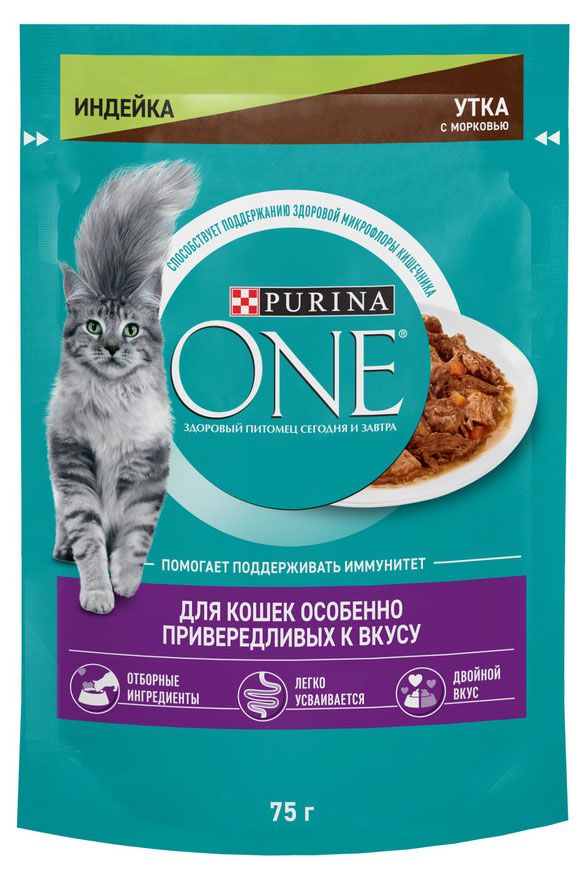 фото Влажный корм для кошек особенно привередливых к вкусу purina one с индейкой, уткой и морковью, 75 г