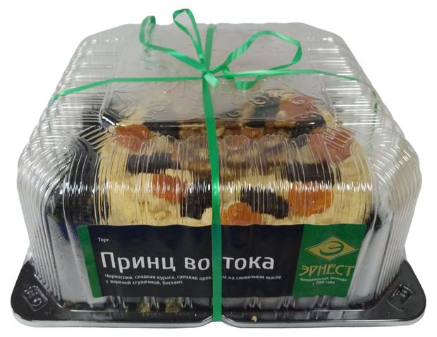 Торт сметанно-бисквитный Эрнест Принц востока с кремом на основе вареной сгущенки черносливом курагой и грецким орехом охлажденный, 850 г
