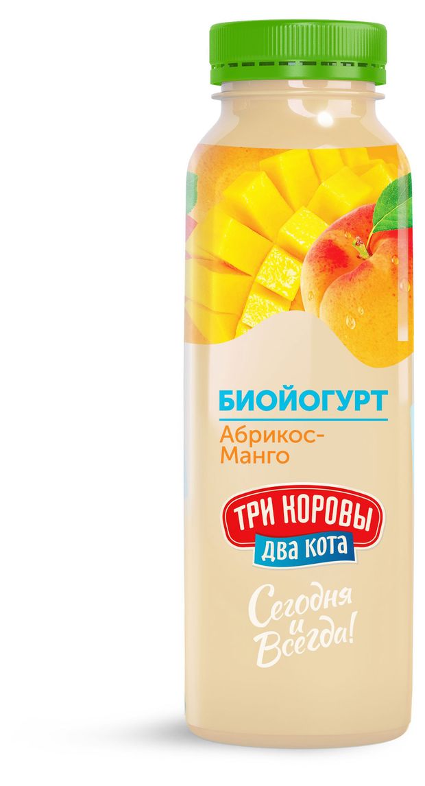 Биойогурт питьевой Три коровы Два кота Абрикос-Манго 2,5% БЗМЖ, 310 г