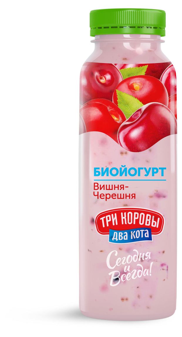 Биойогурт питьевой Три коровы Два кота Вишня-Черешня 2,5% БЗМЖ, 310 г