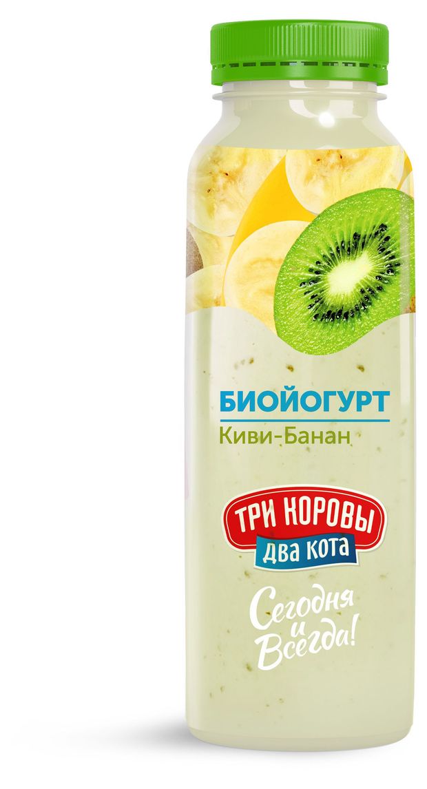 Биойогурт питьевой Три коровы Два кота Киви-Банан 2,5% БЗМЖ, 310 г