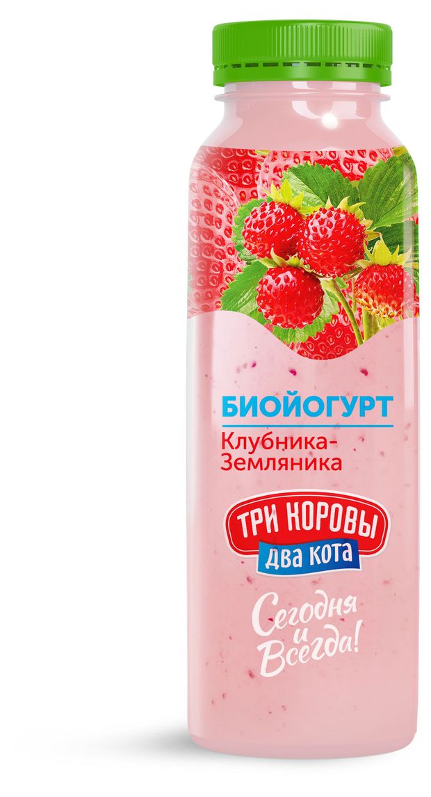 Биойогурт питьевой Три коровы Два кота Клубника-Земляника 2,5% БЗМЖ, 310 г