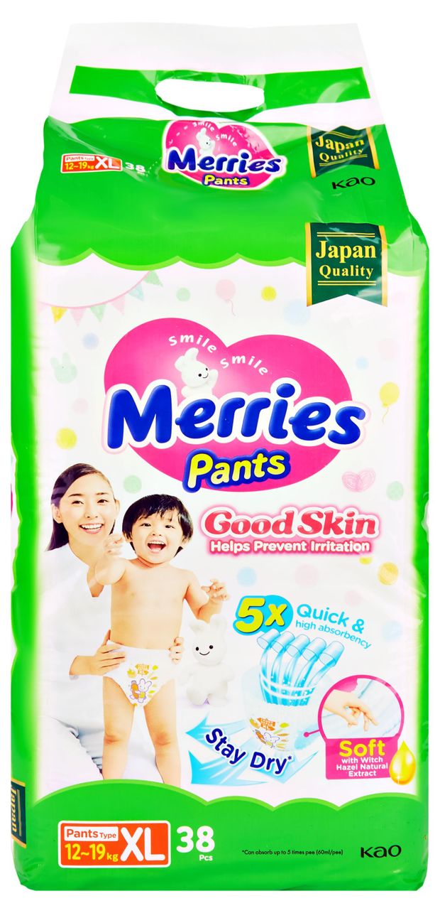 Трусики-подгузники Merries Good Skin XL / 5 (12-19кг), 38 шт