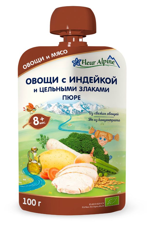 Все для детей  Ашан Пюре Fleur Alpine овощи с индейкой и цельными злаками с 8 мес., 100 г