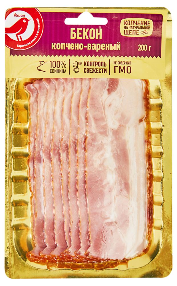 Бекон варено-копченый АШАН Красная птица в нарезке 200 г 190₽