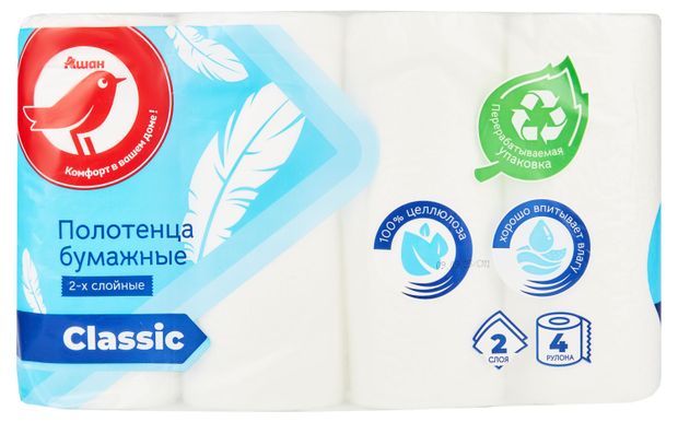 Полотенца бумажные АШАН Красная птица 2-х слойные 4 рулона 159₽