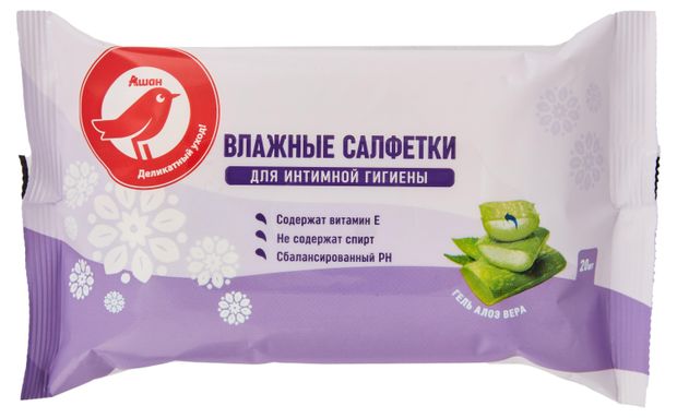 Салфетки влажные АШАН Красная птица для интимной гигиены 20 шт 40₽