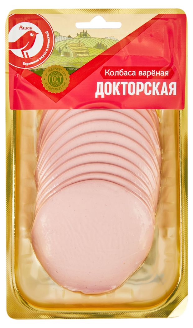 Колбаса вареная АШАН Красная птица Докторская нарезка 300 г 250₽