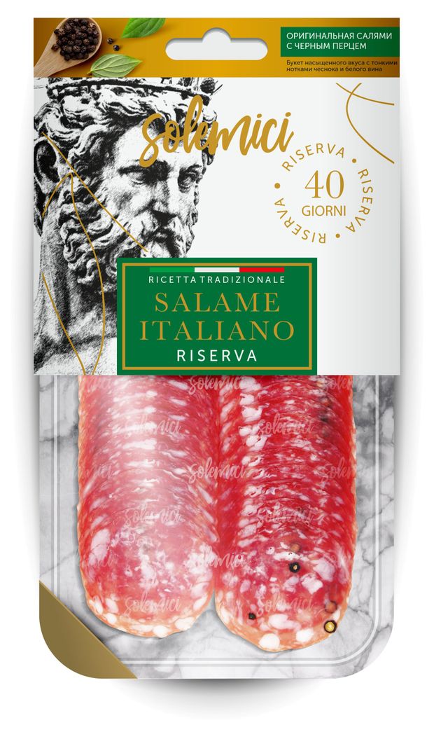 Колбаса сыровяленая Solemici Salame Italiano Riserva Салями Итальяно с черным перцем полусухая без глютена нарезка, 70 г