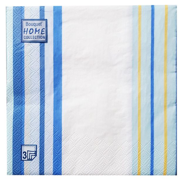 Салфетки одноразовые бумажные трехслойные 33х33 см голубые полоски, 20 шт