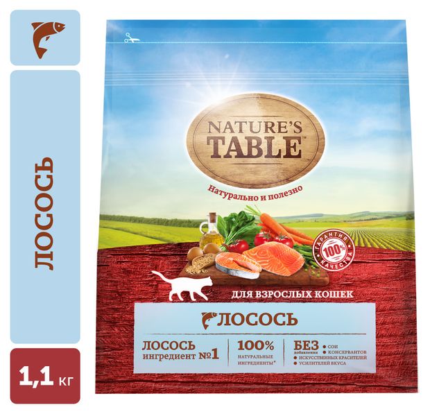 Сухой Сухой корм для взрослых кошек Natures Table Лосось, 1,1 кг
