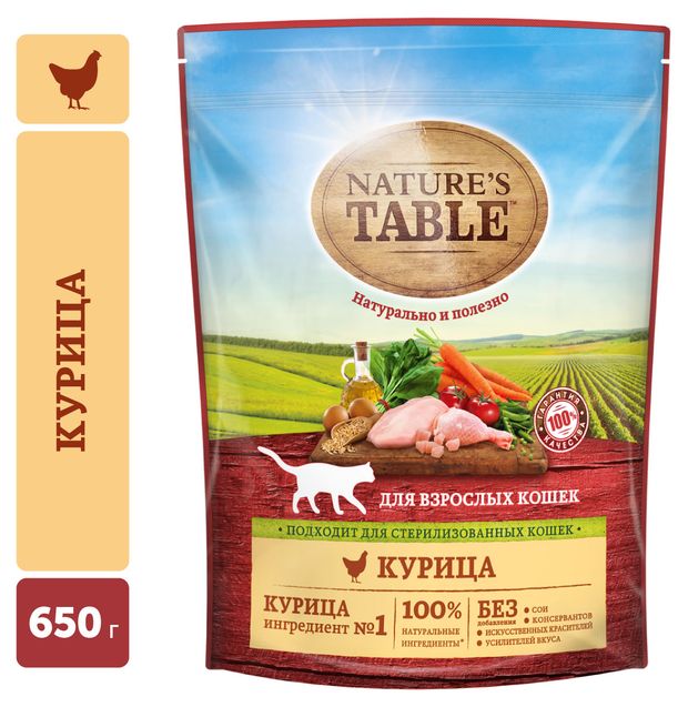 Зоотовары  Ашан Сухой корм для кошек Nature's Table с курицей, 650 г