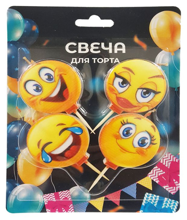 Набор праздничных свечей на деревянной шпажке Смайлики, 4 шт
