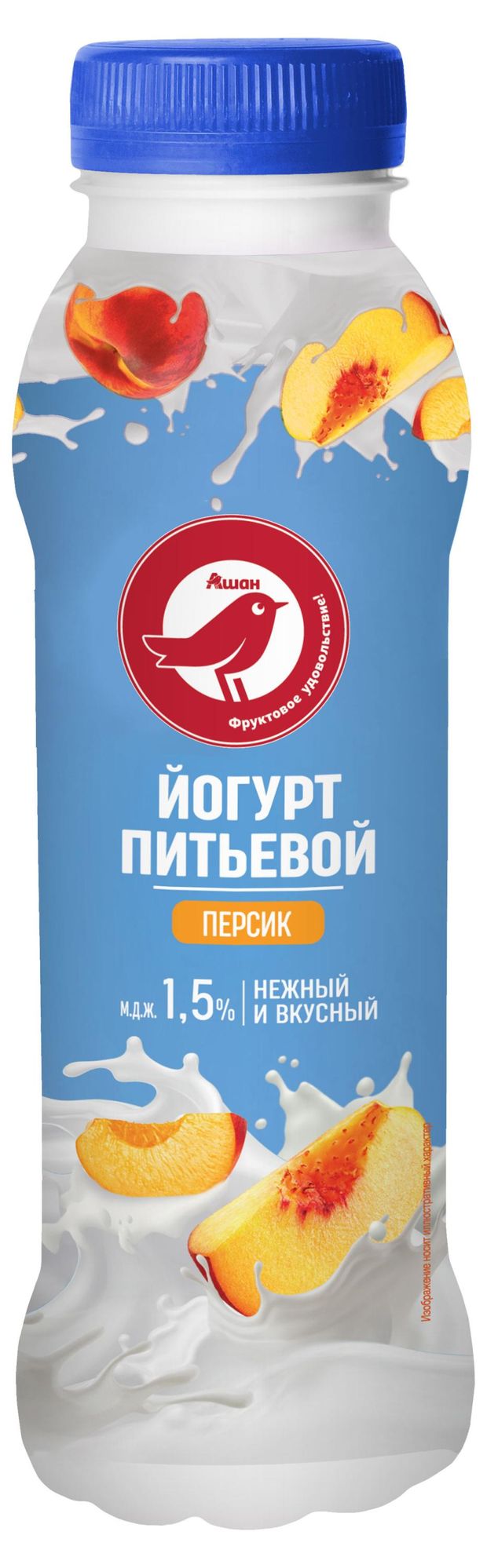 Йогурт питьевой АШАН Красная птица с персиком 1,5% БЗМЖ, 300 г