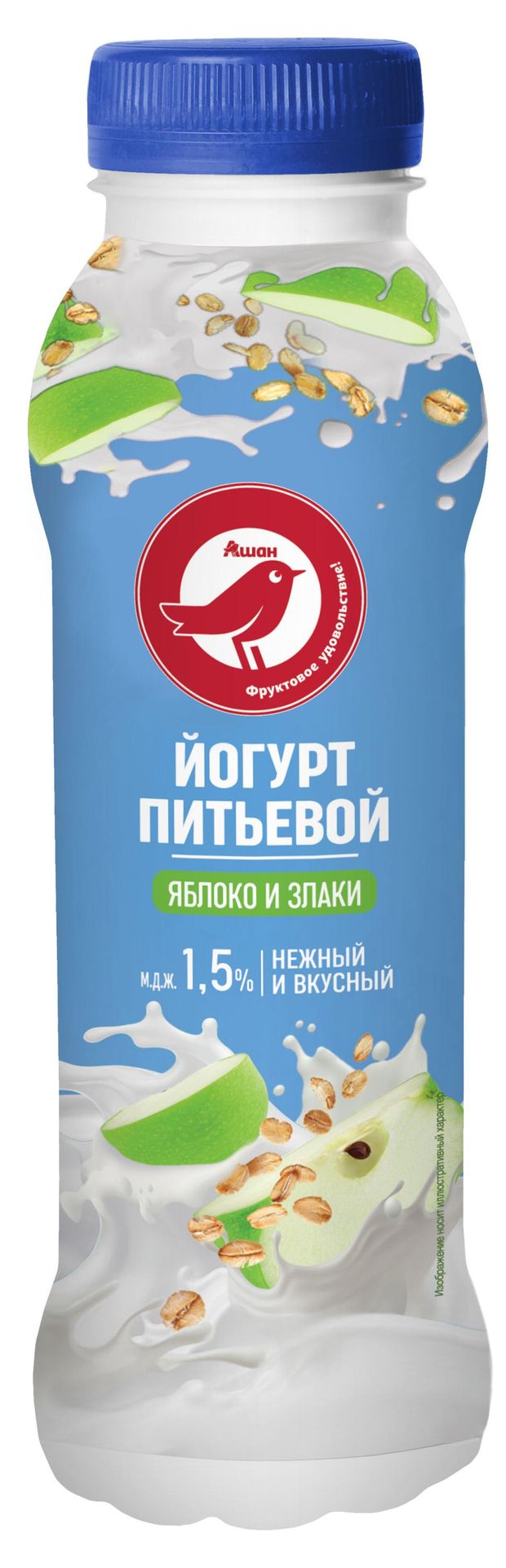 Йогурт питьевой АШАН Красная птица с яблоками и злаками 1,5% БЗМЖ, 300 г