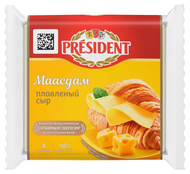 Сыр плавленый President Маасдам слайсы 40 БЗМЖ 150 г 120₽