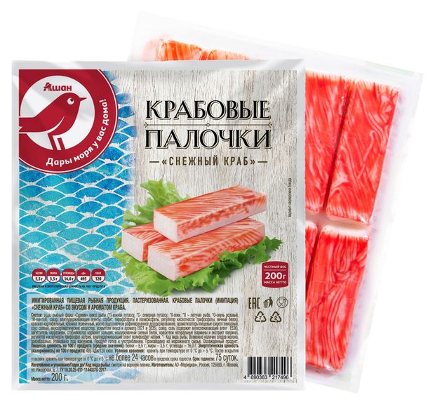 Крабовые палочки АШАН Красная птица Снежный краб охлажденные 200 г 120₽