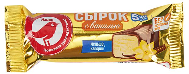Сырок глазированный творожный АШАН Красная птица с ванилью батончик 5% ГОСТ БЗМЖ, 40 г
