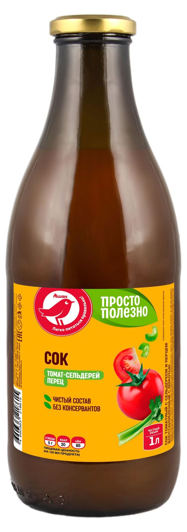 Сок АШАН Красная птица Томат-Сельдерей-Перец, 1 л