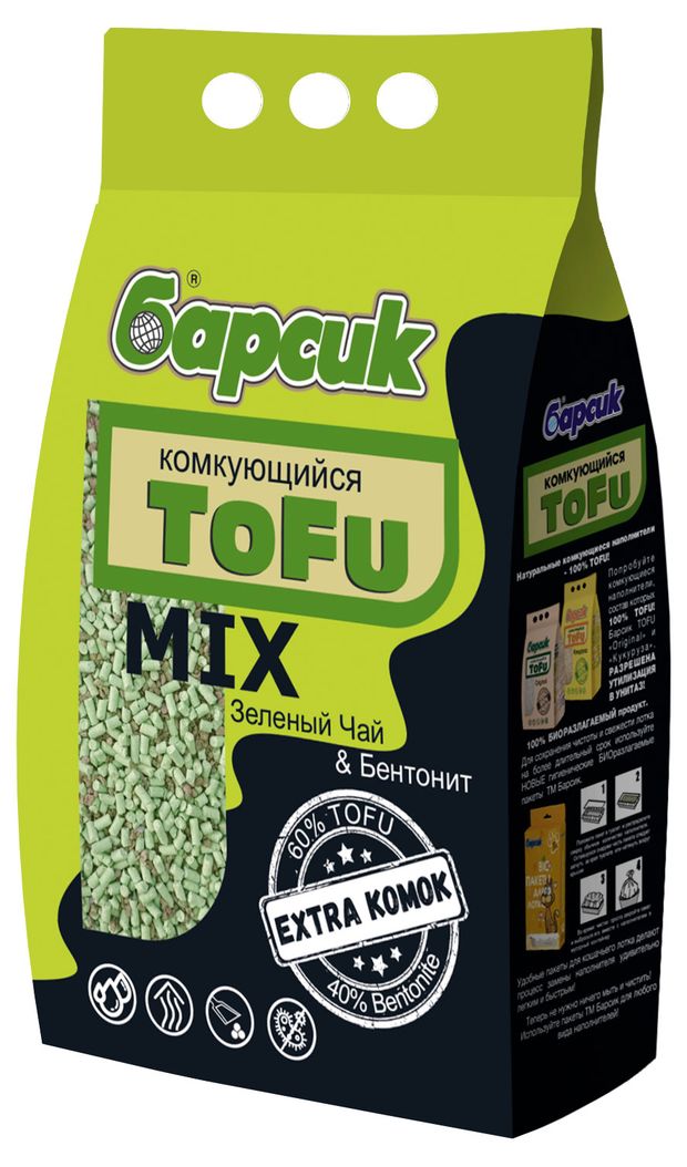 Наполнитель для кошачьего туалета Барсик Tofu Mix Зеленый Чай & Бентонит комкующийся, 4,54 л