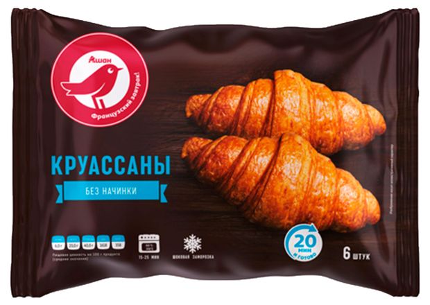 Замороженные продукты Круассаны сытные универсальные АШАН Красная птица Классические без начинки замороженные 6 шт, 420 г