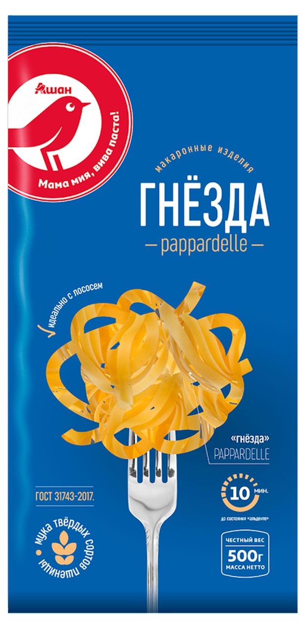 Макаронные изделия АШАН Красная птица Pappardelle гнезда, 500 г