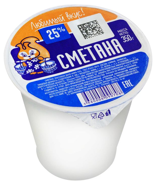 Сметана Любимый Вкус 25% БЗМЖ, 350 г