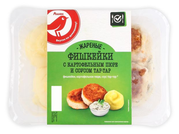 Фишкейки АШАН Красная птица жареные с картофельным пюре и соусом тар-тар 280 г 205₽