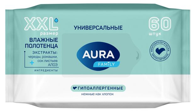 Влажные полотенца Aura Family big-pack 60 шт 130₽