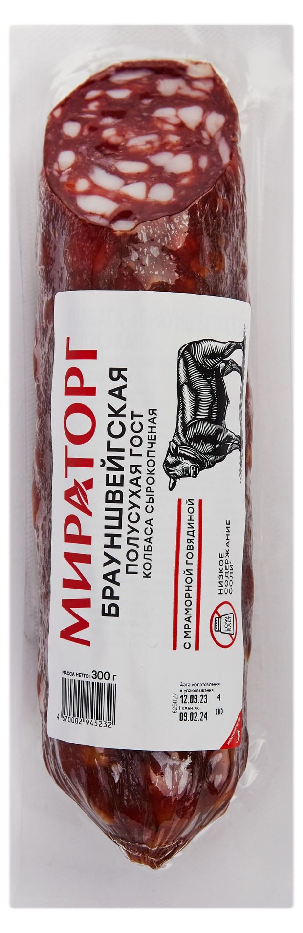 Колбаса сырокопченая Мираторг Брауншвейгская полусухая с мраморной говядиной ГОСТ 300 г 590₽