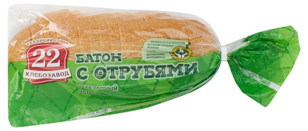 Батон пшеничный белый Хлебозавод 22 с отрубями нарезка, 350 г