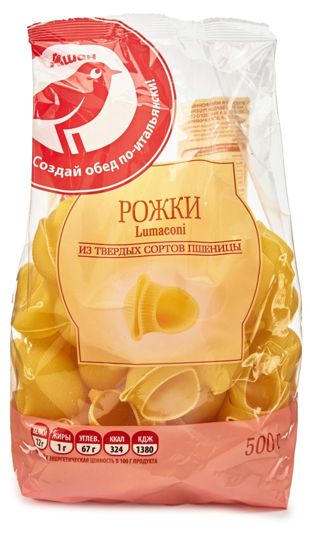 Макаронные изделия АШАН Красная птица Lumaconi рожки 500 г 70₽