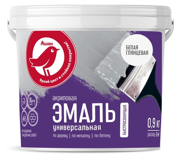 Строительство и ремонт Эмаль универсальная АШАН Красная птица белая глянцевая, 900 г