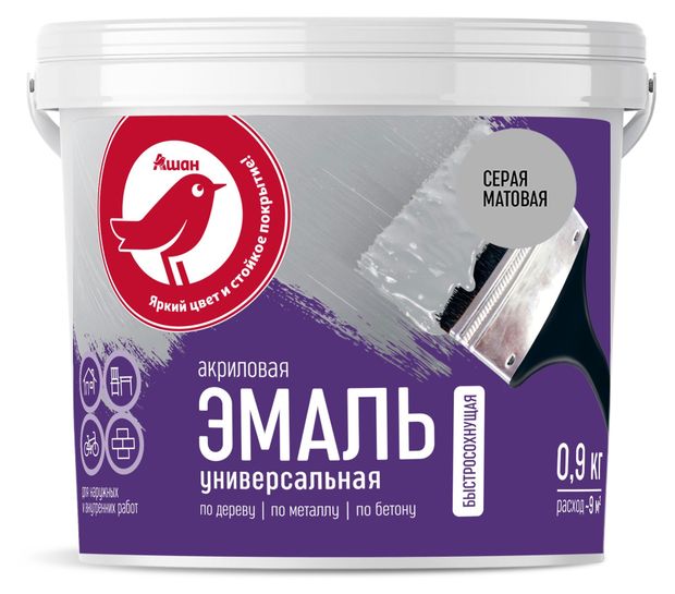 Эмаль универсальная АШАН Красная птица серая матовая 900 г 450₽