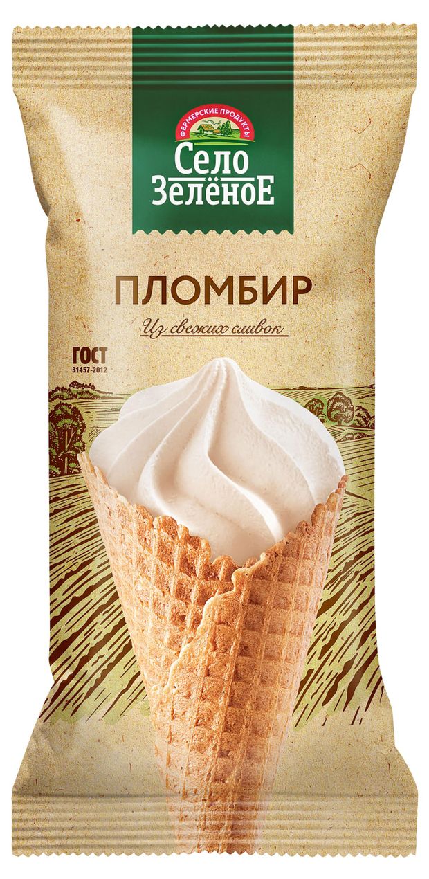Мороженое пломбир Село Зеленое ванильное в сахарном рожке 15% БЗМЖ, 110 г