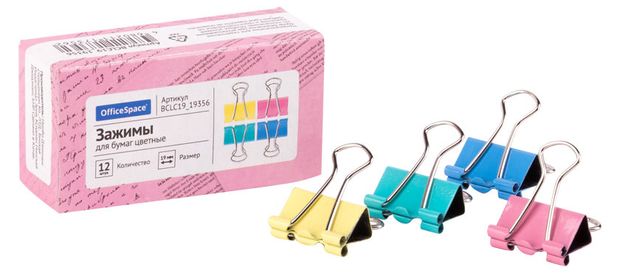 Зажимы для бумаг OfficeSpace цветные 19мм 12 шт 47₽