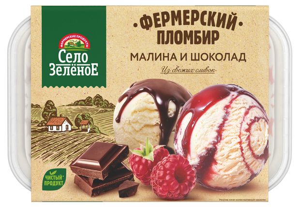 Мороженое сливочное семейное Село Зеленое Фермерский пломбир малина и шоколад ванночка БЗМЖ, 450 г