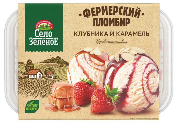 Мороженое сливочное семейное Село Зеленое Пломбир фермерский клубника и карамель ванночка БЗМЖ, 450 г