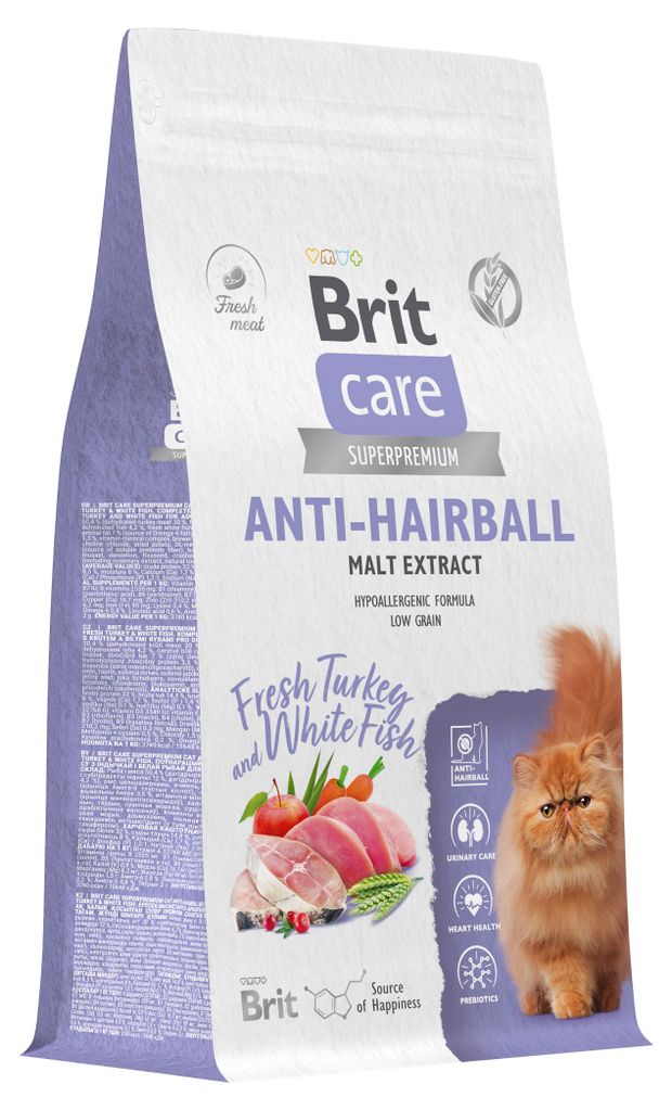 фото Корм сухой для кошек brit care с белой рыбой и индейкой cat anti-hairball, 1,5 кг