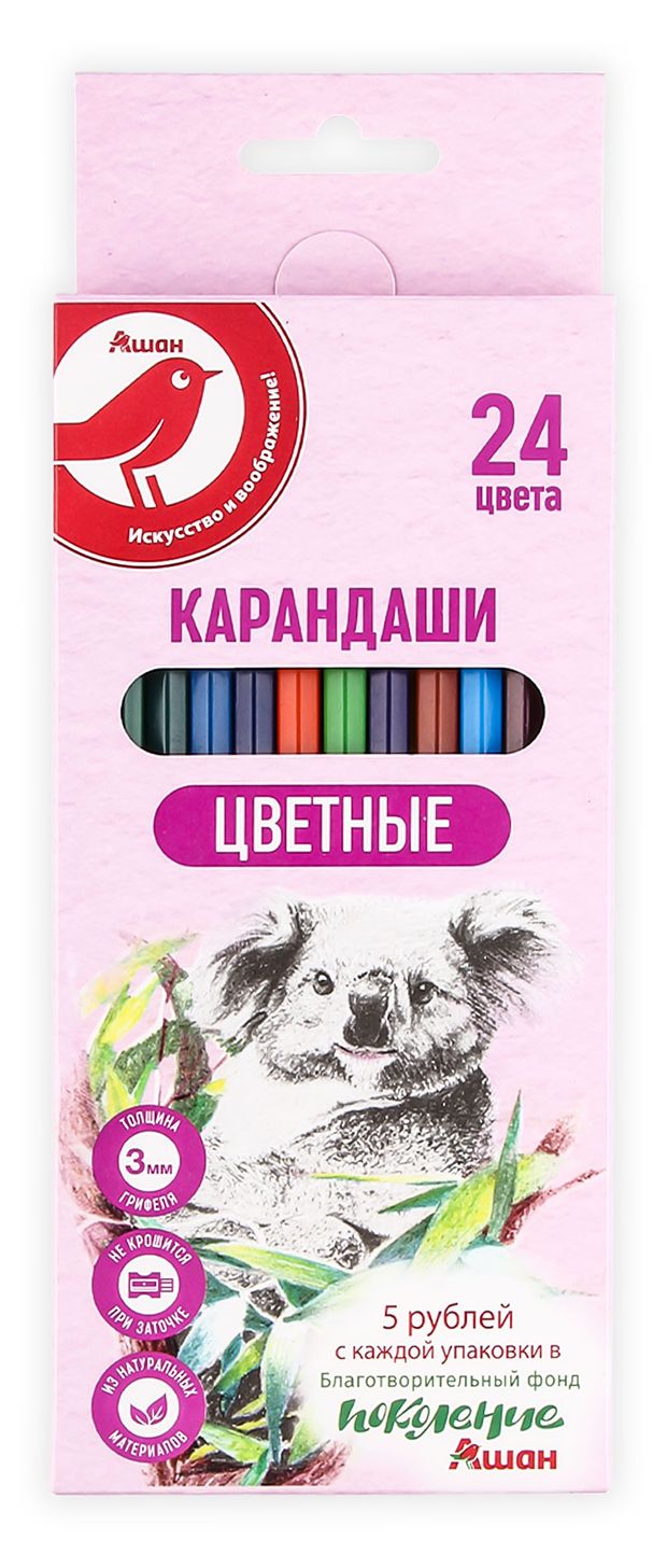 Карандаши цветные АШАН Красная птица 24 цвета 150₽