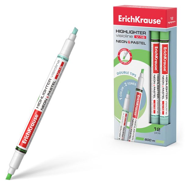 Двухсторонний текстмаркер ErichKrause Visioline V-16 Neon+Pastel зеленый, 1 шт