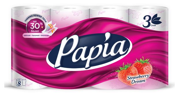 Туалетная бумага Papia Strawberry Dream 3 слоя, 8 рулонов