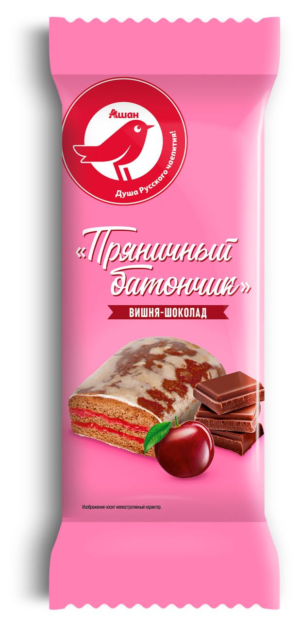 Батончик пряничный АШАН Красная птица вишня-шоколад, 90 г