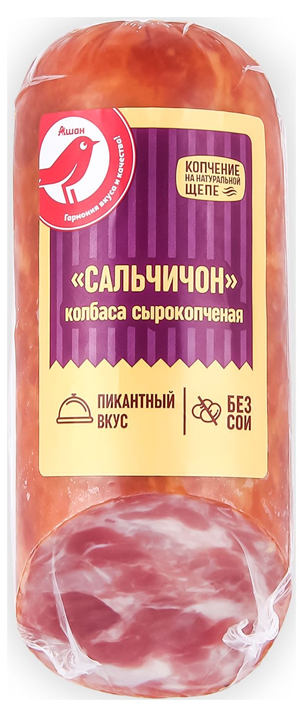 Колбаса сырокопченая АШАН Красная птица Сальчичон без сои на натуральной щепе, 300 г
