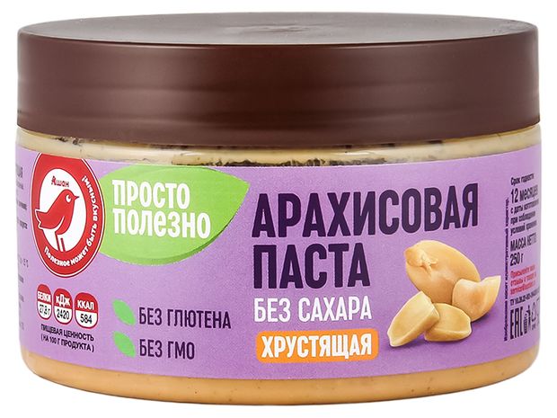 Паста арахисовая АШАН Красная птица с кусочками арахиса без сахара, 250 г