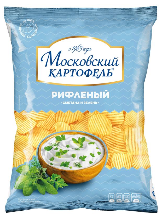 Чипсы картофельные Московский Картофель рифленые со вкусом сметаны и зелени, 120 г