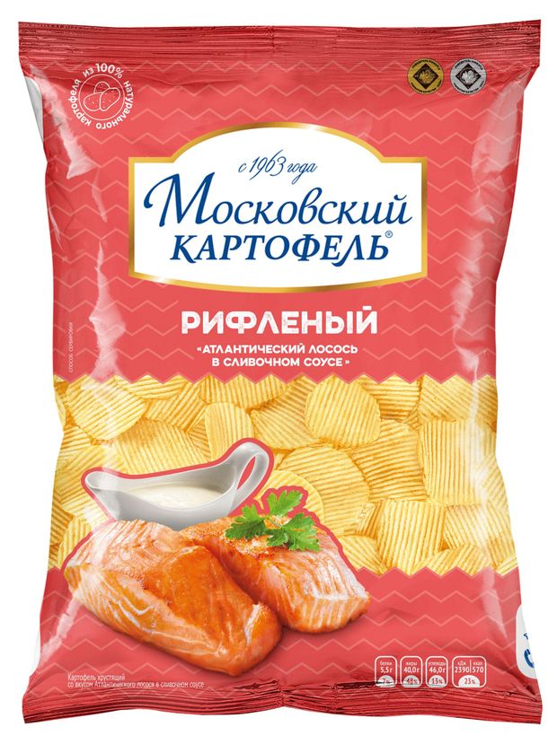Чипсы картофельные Московский Картофель рифленые со вкусом лосося в сливочном соусе, 120 г