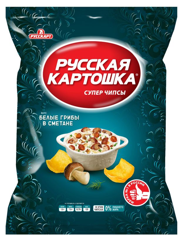 Чипсы, снеки, сухофрукты  Ашан Чипсы картофельные Русская картошка Белые грибы в сметане, 105 г