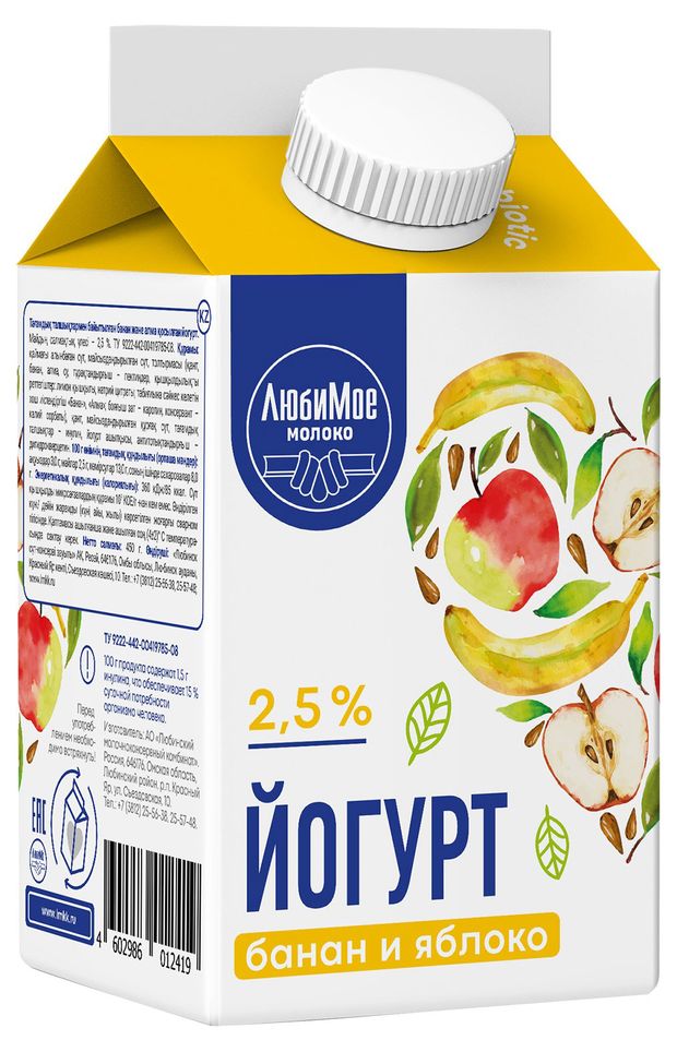 Йогурт питьевой Любимое молоко с бананом и яблоком 2,5% БЗМЖ, 450 г