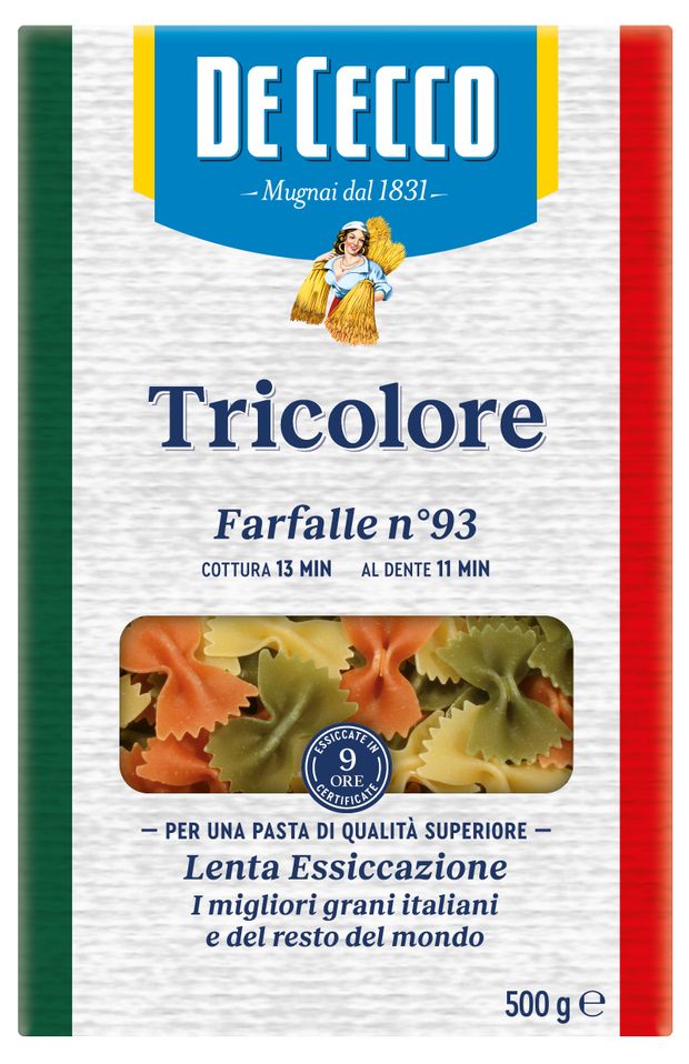 Макаронные изделия De Cecco Farfalle Tricolore 93 бантики 500 г 350₽